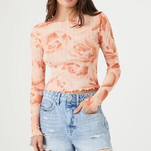 Forever 21 Rose Print Mesh Top in Pink